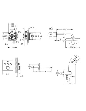Душова система прихованого монтажу з термостатом Grohe Grohtherm SmartControl New Tempesta 250 UA26415SC2