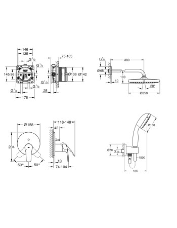 Душова система прихованого монтажу зі змішувачем Grohe Eurosmart New Tempesta 250 UA26416SC3