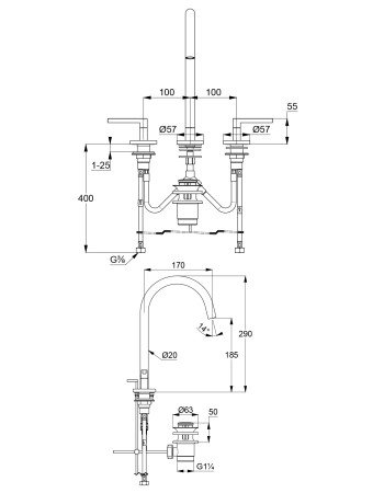 Змішувач для раковини KLUDI NOVA FONTE Puristic на 3 отвори, чорний матовий, 201433915