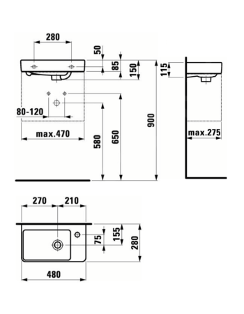 Асиметрична раковина Laufen Pro S з отвором для змішувача і переливом H8159540001041