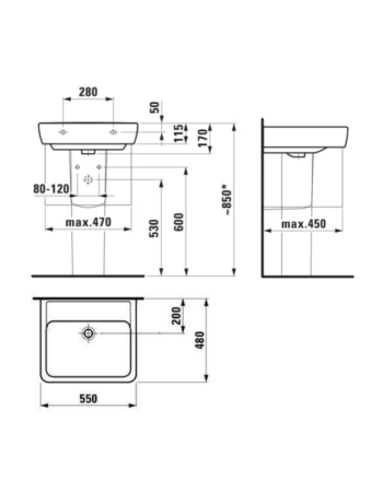 Раковина Laufen Pro A з переливом без отвору для змішувача H8189510001091
