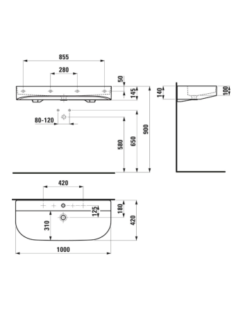 Підвісна раковина Laufen Sonar SaphirKeramik з 2 отворами для змішувача і переливом H8103477571071